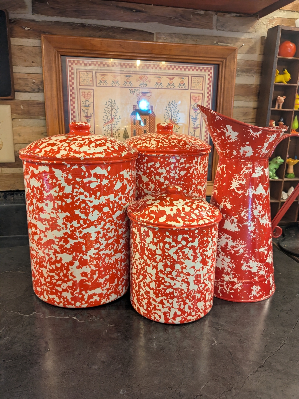Midwest CBK Red & White Splatter Faux Enamelware Pitcher & 3 Canisters Set